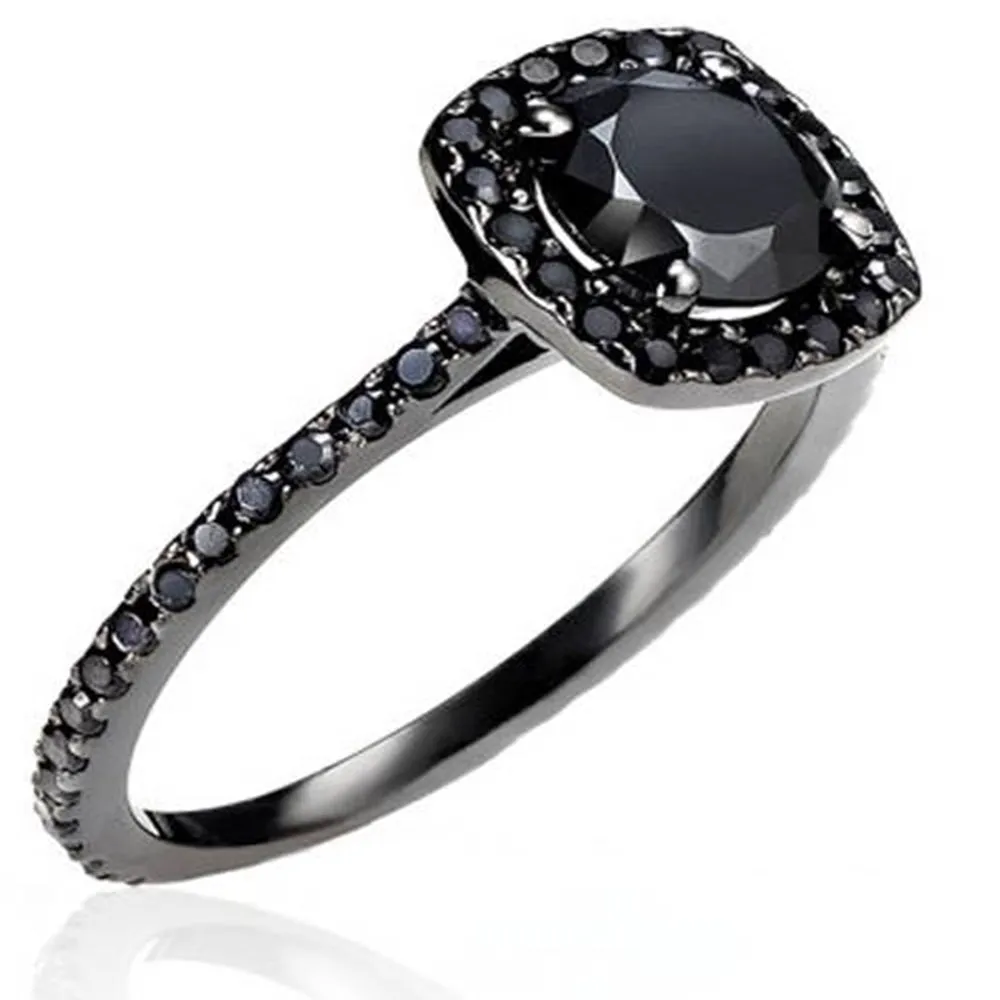 1 1/2ct Black Diamond Cushion Halo Ring 14K Black Gold