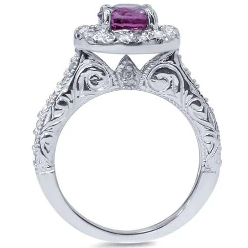 1 5/8ct Pink Sapphire & Diamond Vintage Engagement Ring 14K White Gold