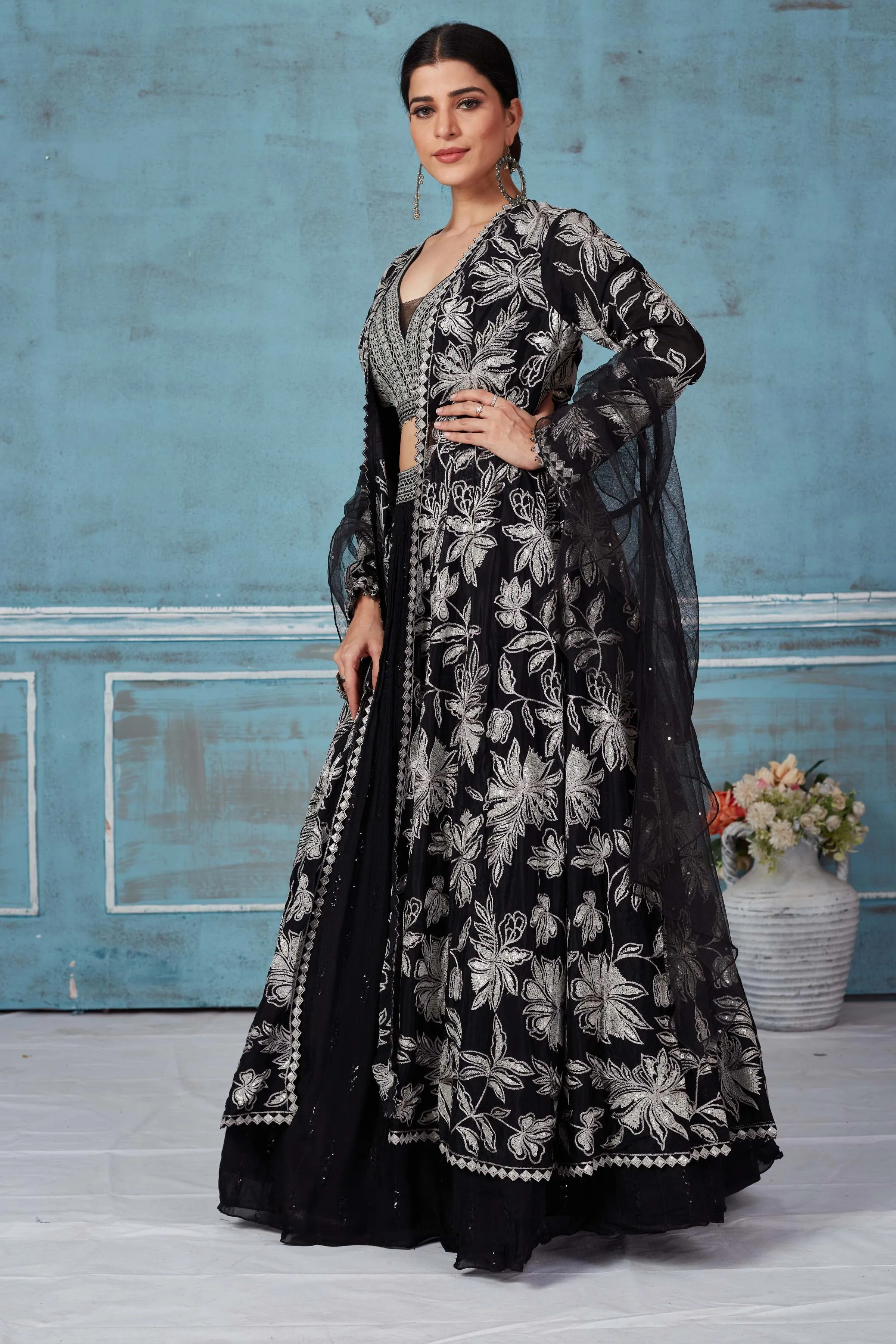 32A036 Black Embroidered Georgette Lehenga With Jacket