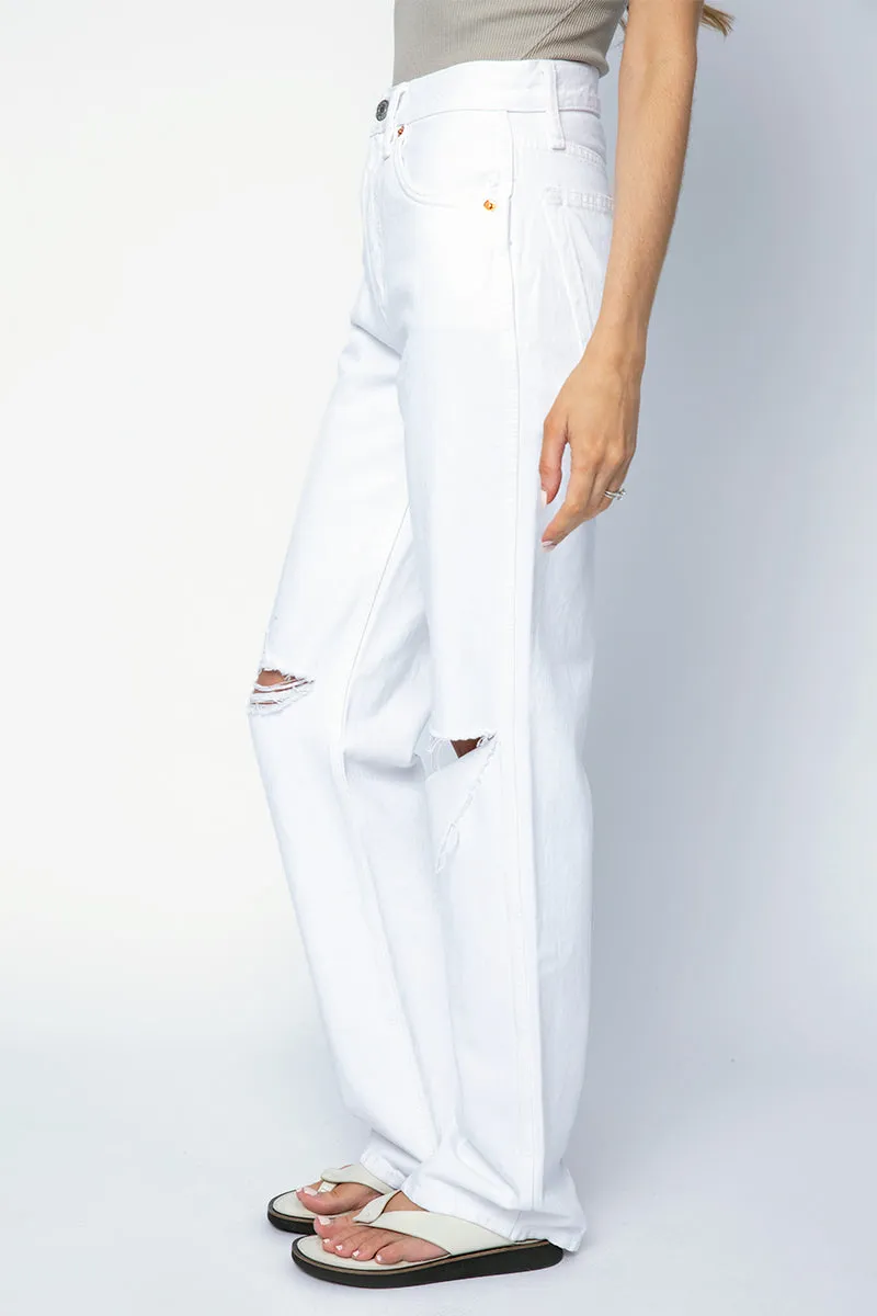 90s High Rise Loose Jean in White with Rips