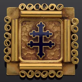 Antique Jean Augis Gold Plated Enamel Cross of Lorraine French Resistance Brooch