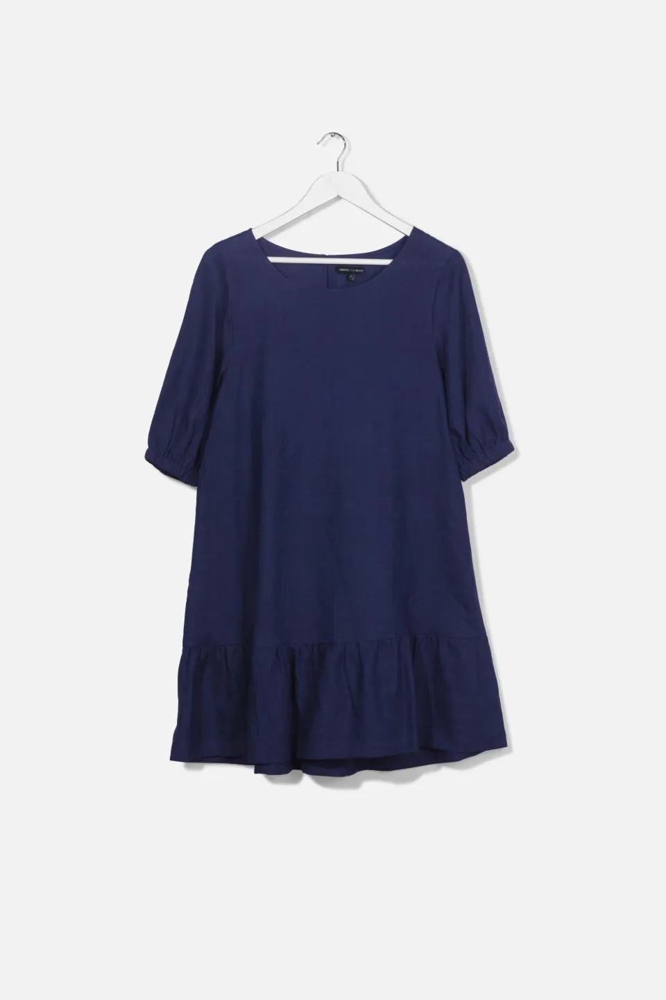 California Navy Frill Hem Puff Sleeve Linen Shift Dress