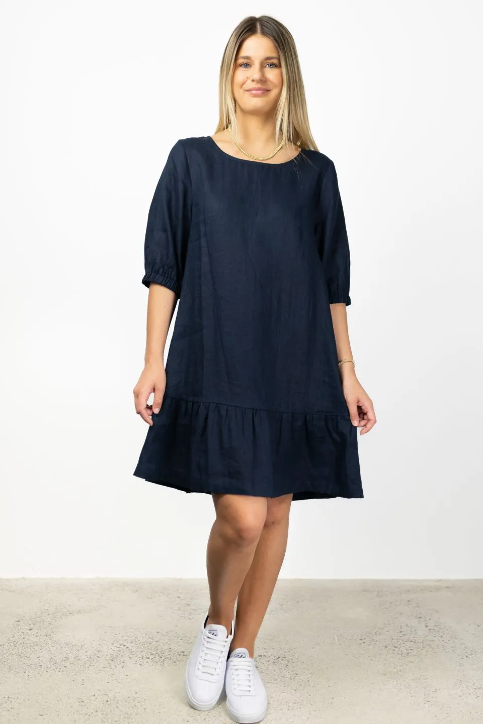 California Navy Frill Hem Puff Sleeve Linen Shift Dress