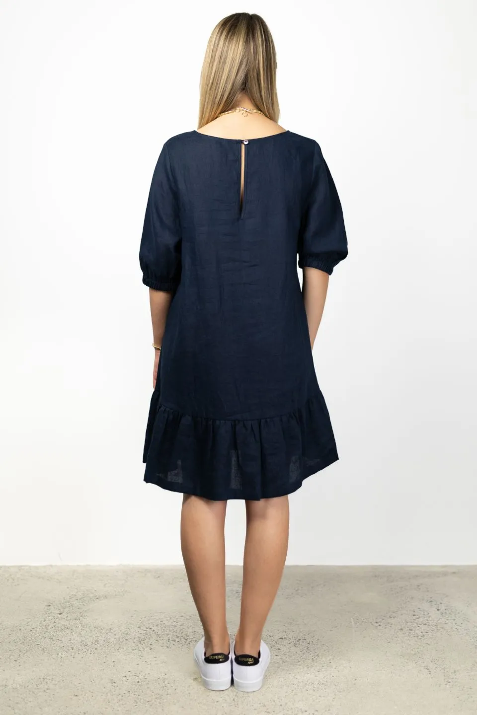 California Navy Frill Hem Puff Sleeve Linen Shift Dress