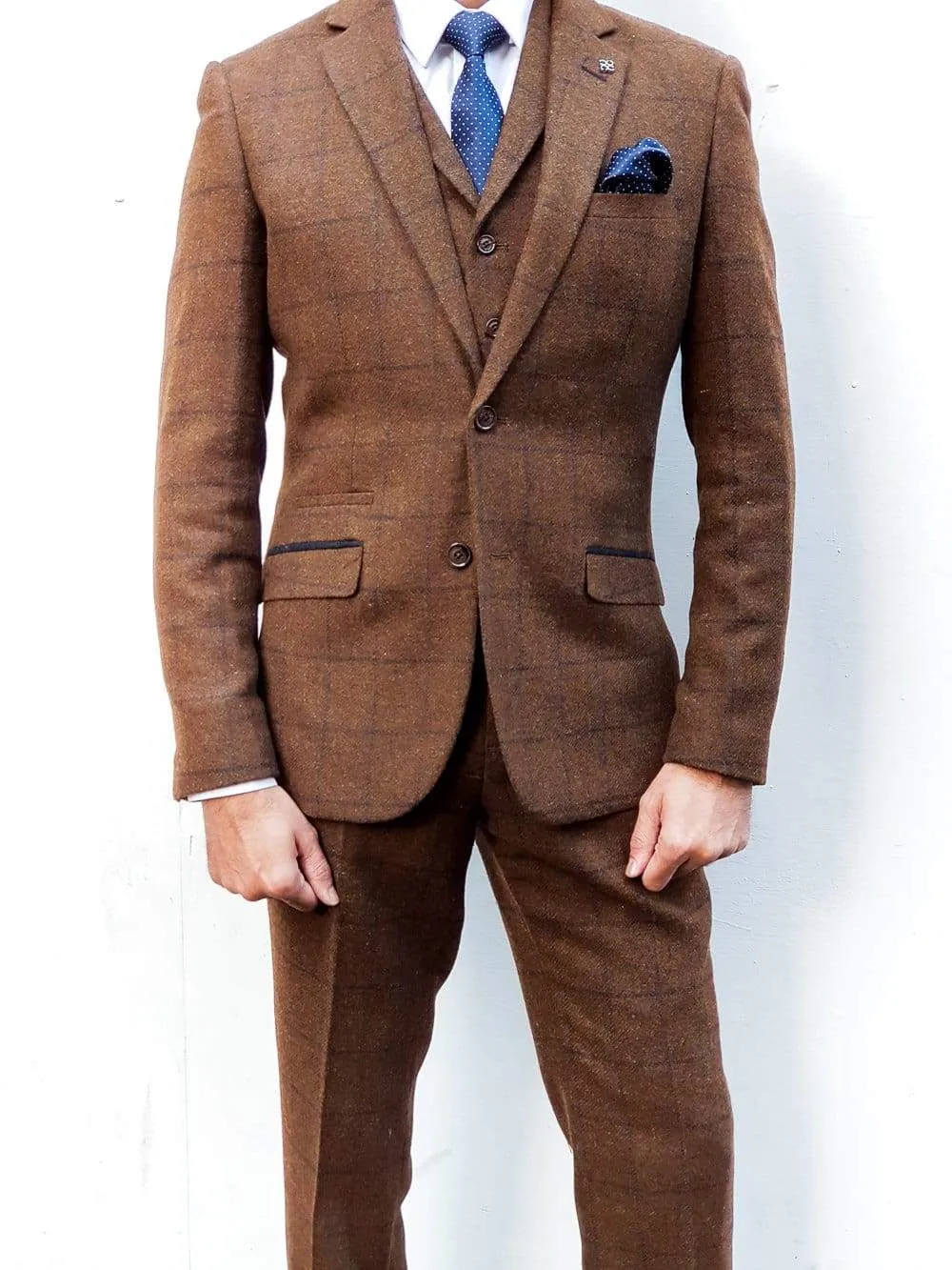 Cavani Kemson Brown Men's 3 Piece Slim Fit Tweed Suit