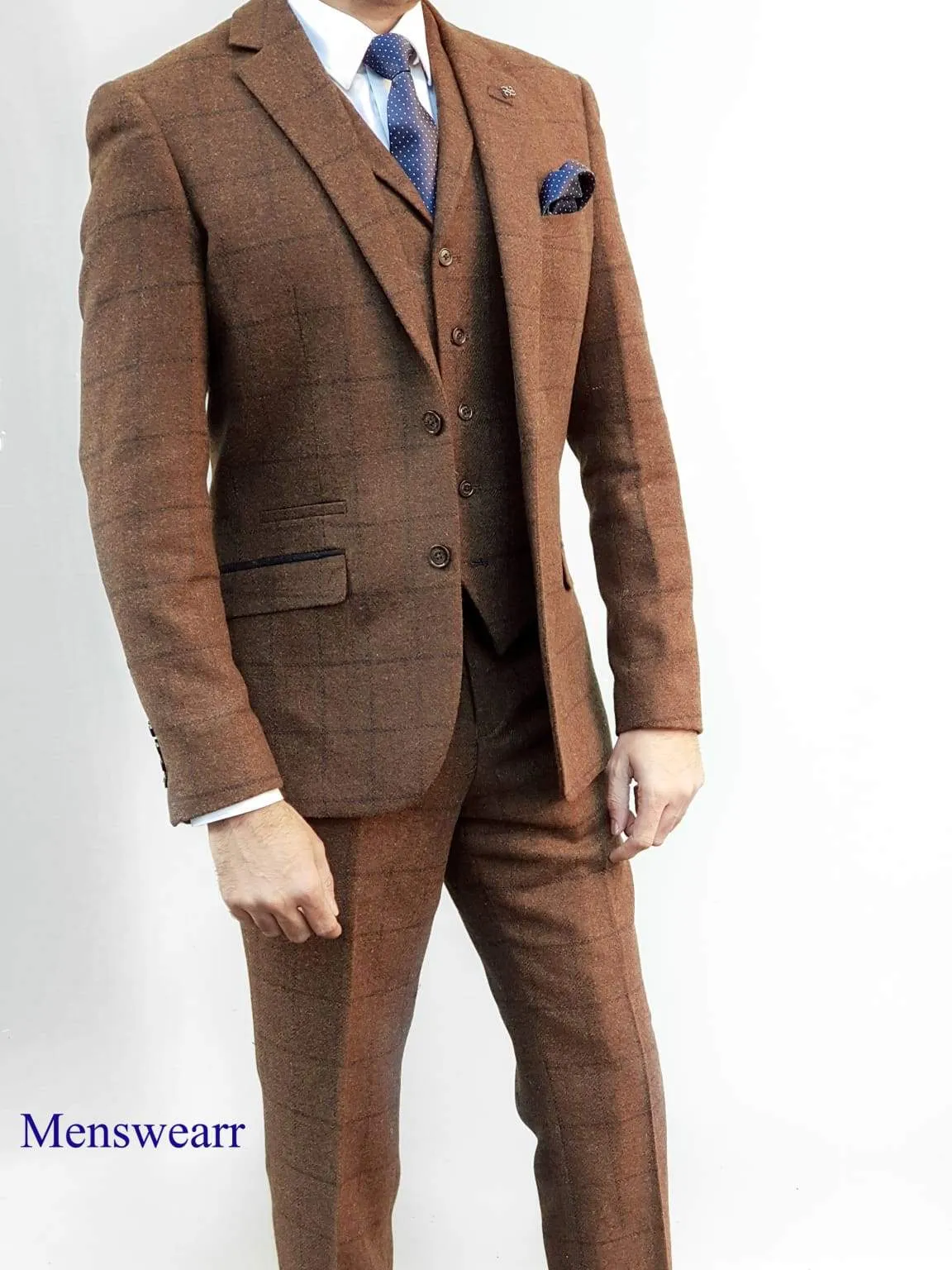 Cavani Kemson Brown Men's 3 Piece Slim Fit Tweed Suit