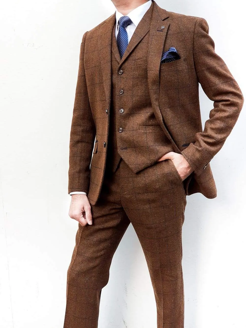 Cavani Kemson Brown Men's 3 Piece Slim Fit Tweed Suit