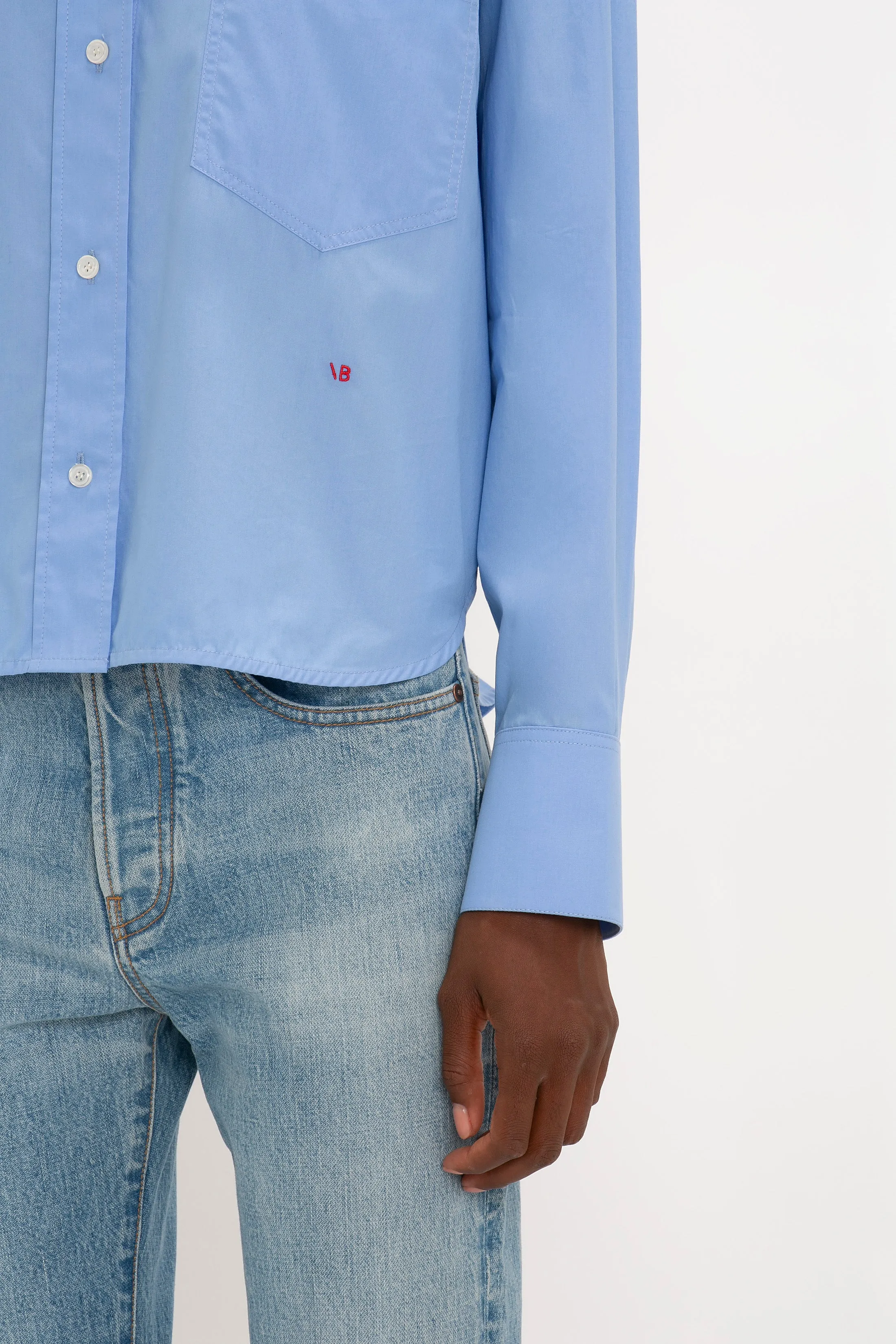 Cropped Long Sleeve Shirt In Oxford Blue