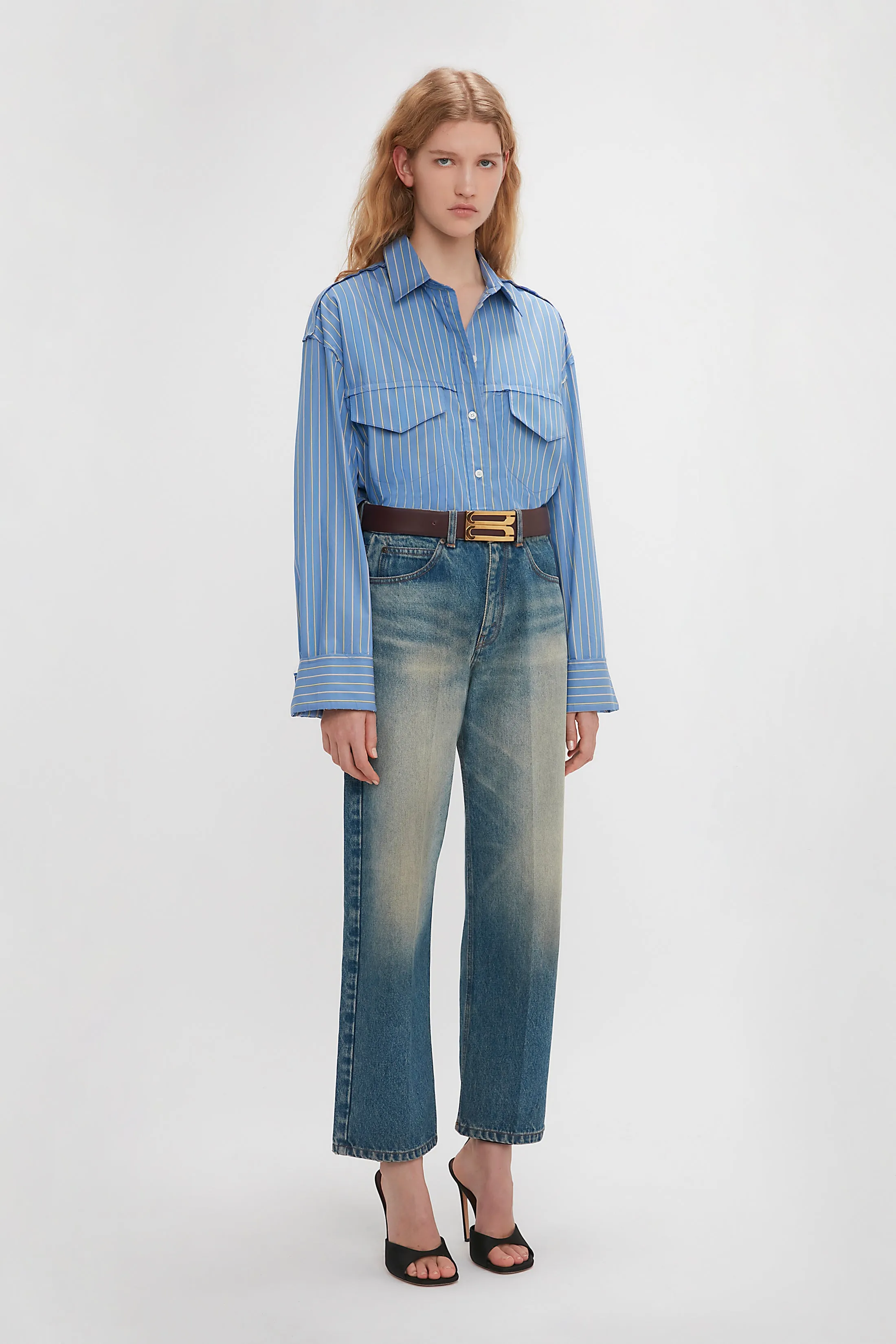 Cropped Seam Detail Shirt In Steel Blue