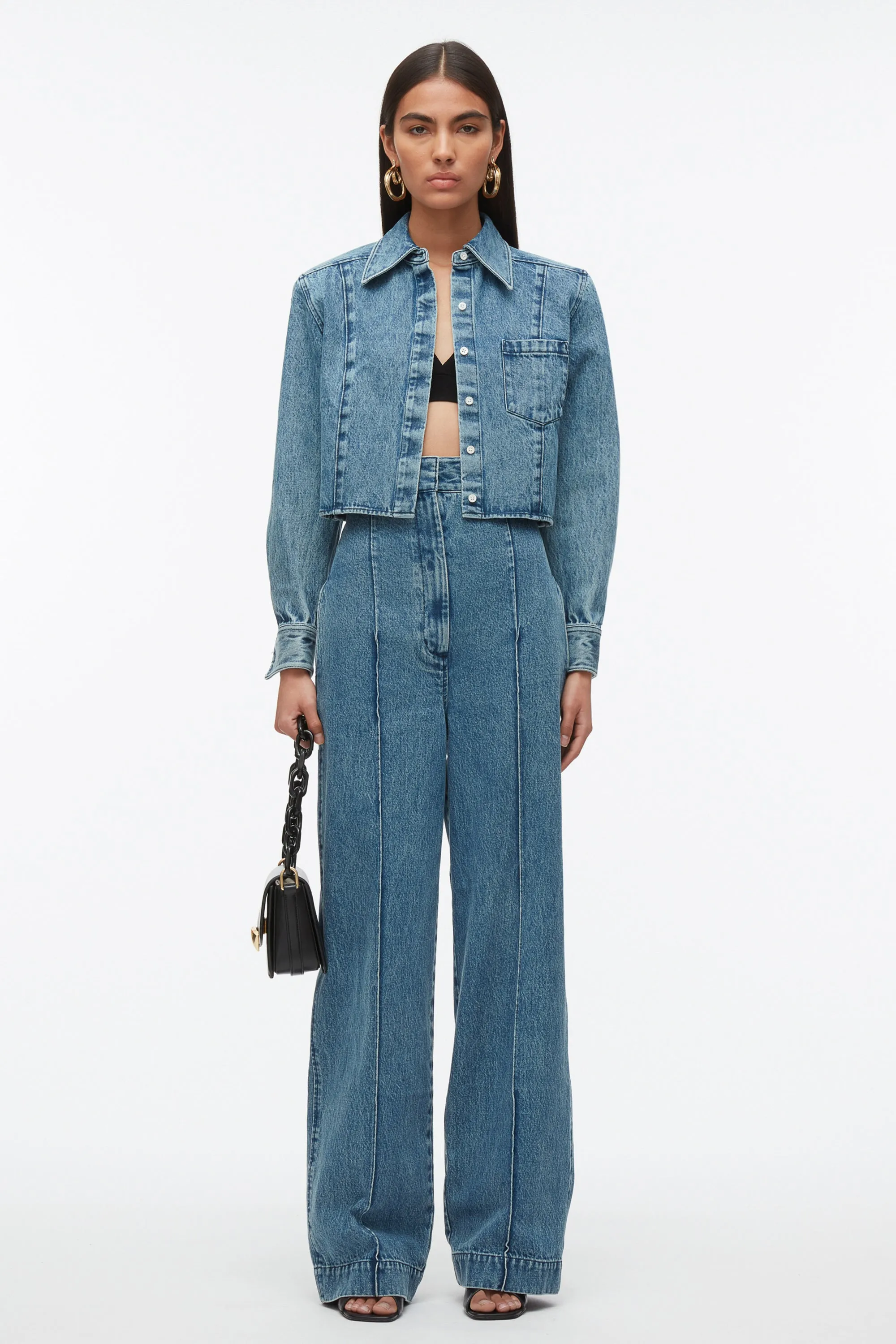 Denim Cropped Shirt with Shoulder Pads