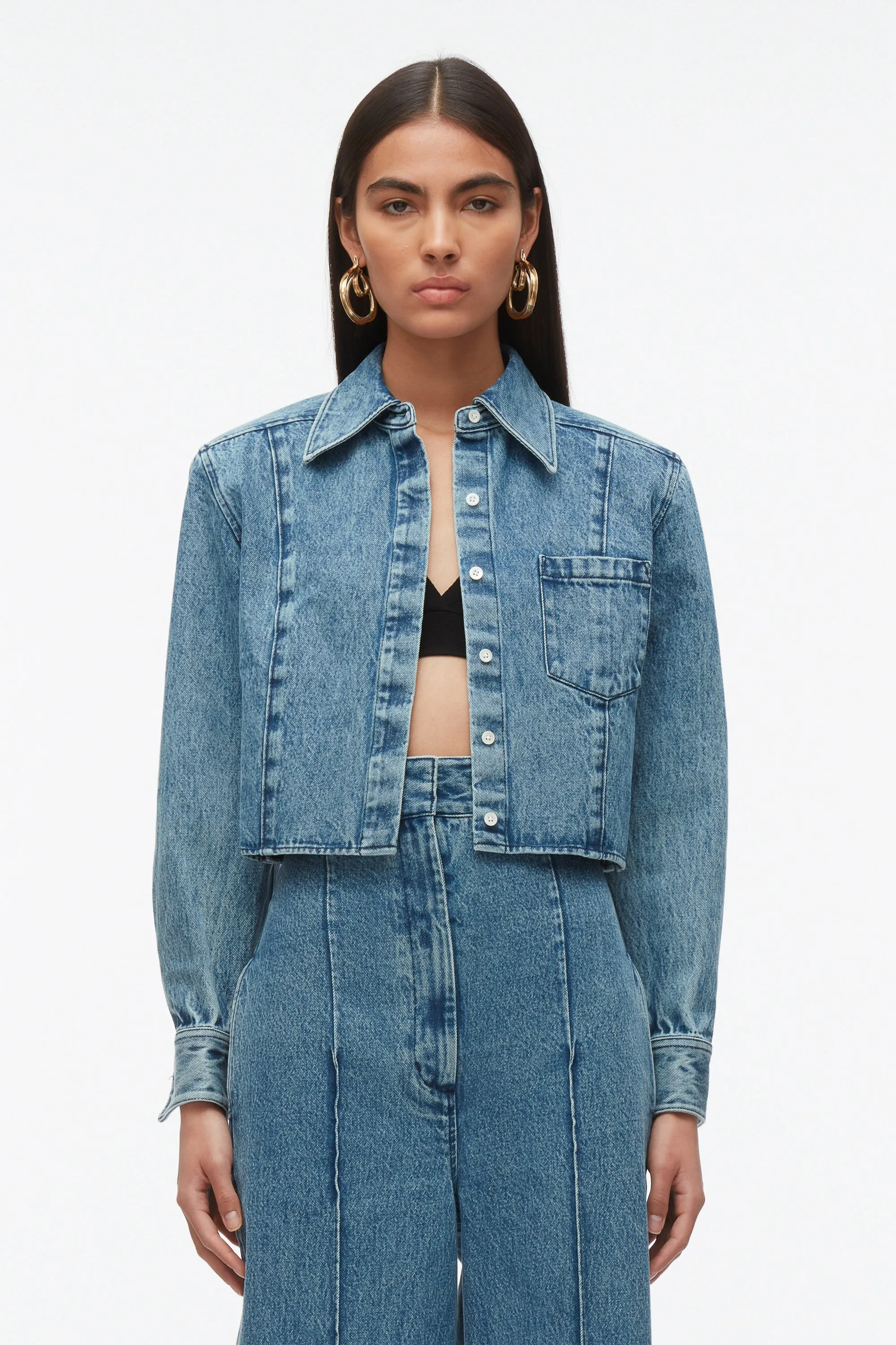 Denim Cropped Shirt with Shoulder Pads