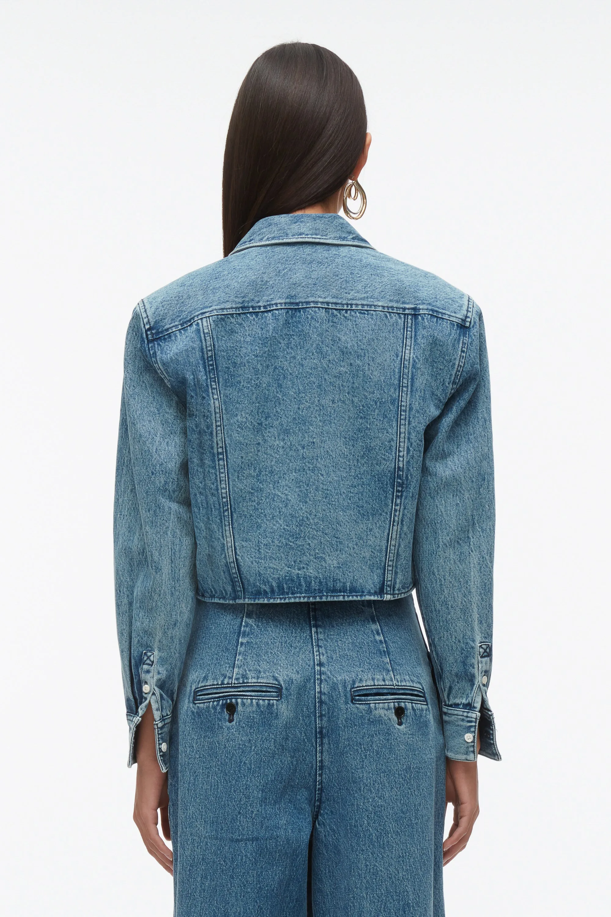 Denim Cropped Shirt with Shoulder Pads