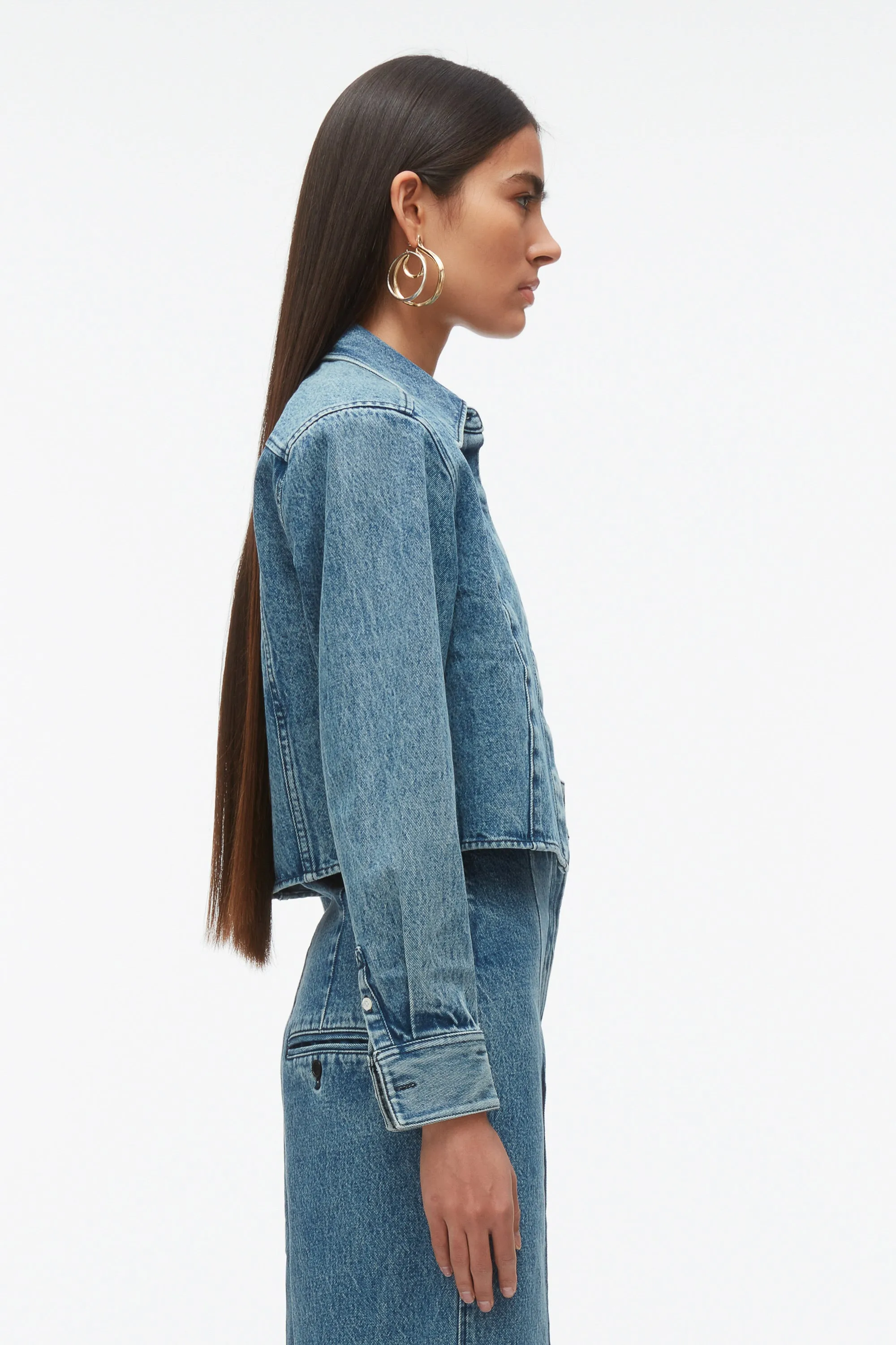 Denim Cropped Shirt with Shoulder Pads