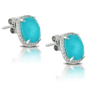 Doves St. Barth's Blue Turquoise, Topaz & Diamond Halo Cushion 18K White Gold Earrings