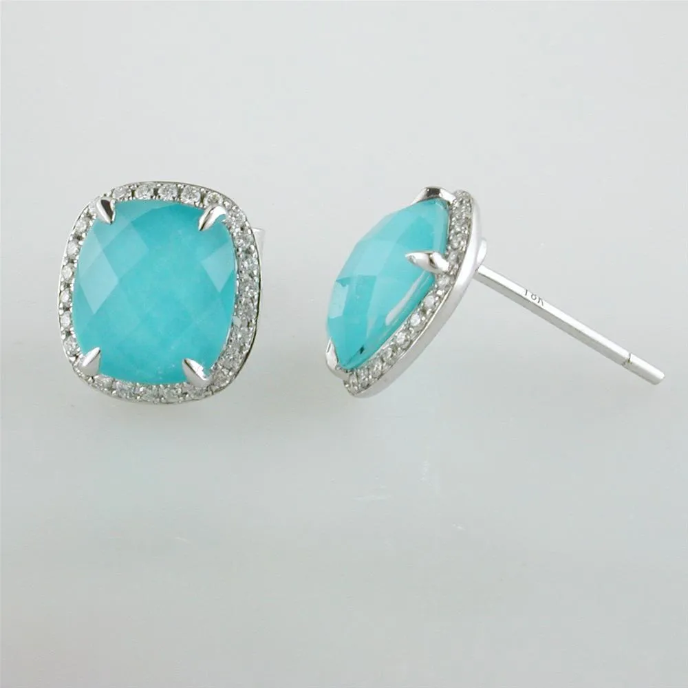 Doves St. Barth's Blue Turquoise, Topaz & Diamond Halo Cushion 18K White Gold Earrings