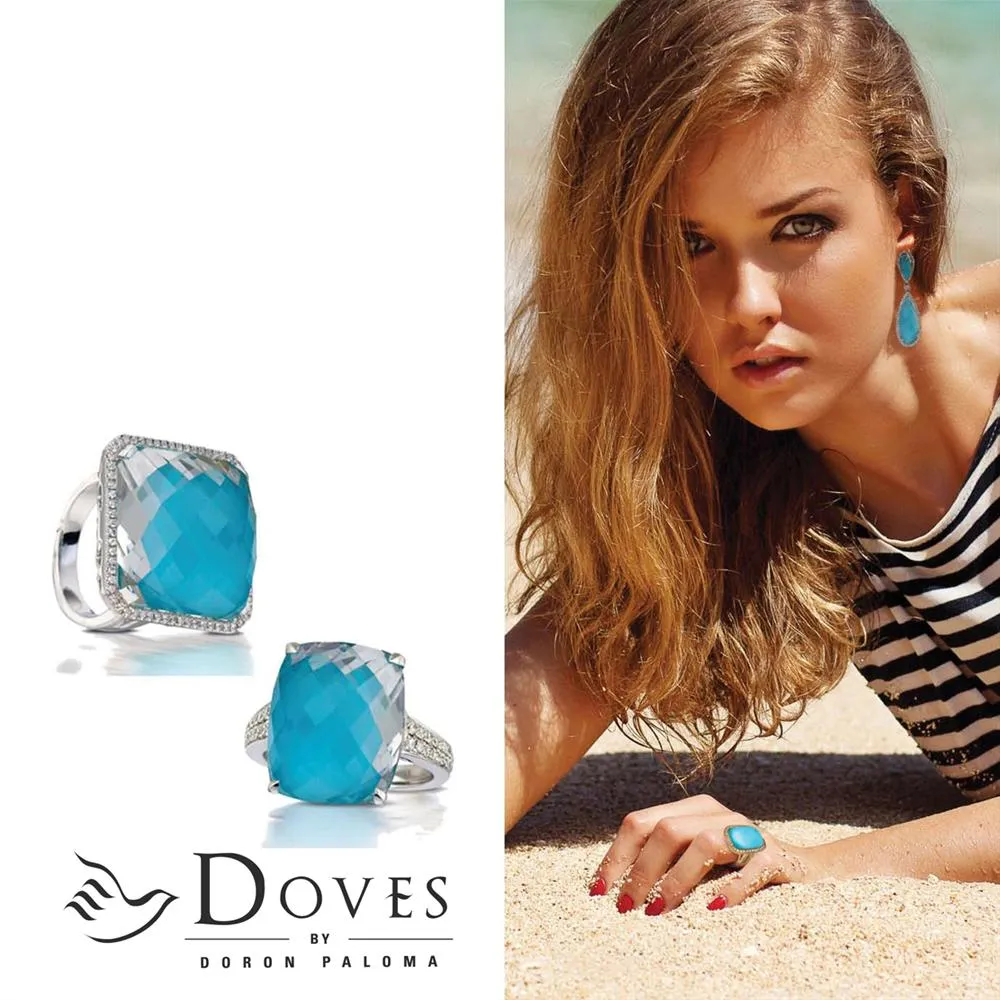 Doves St. Barths Blue Turquoise, White Topaz, & Diamond Halo White Gold Blue Oval Ring