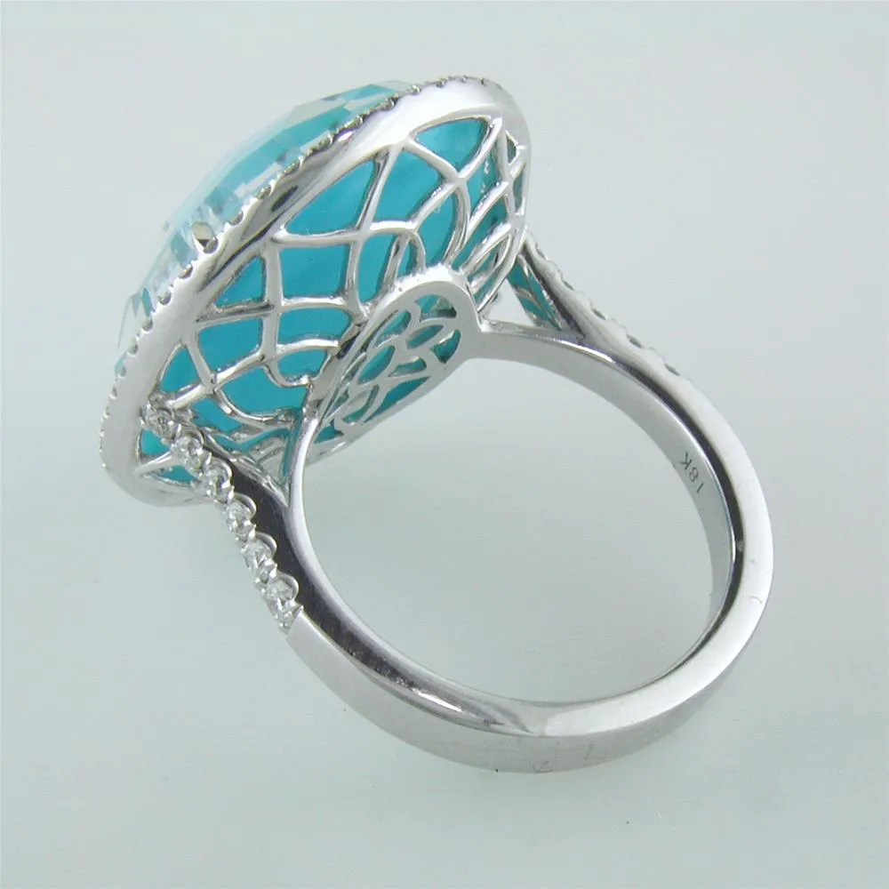 Doves St. Barths Blue Turquoise, White Topaz, & Diamond Halo White Gold Blue Oval Ring