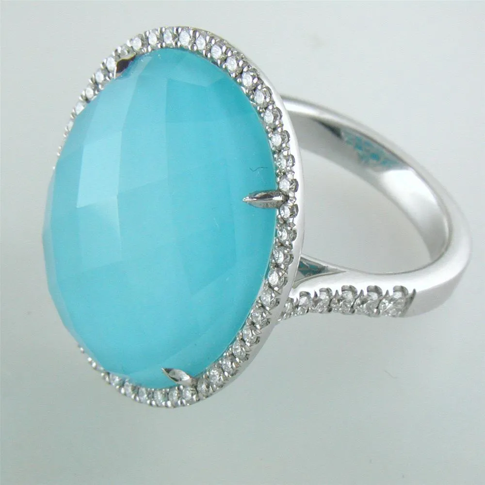 Doves St. Barths Blue Turquoise, White Topaz, & Diamond Halo White Gold Blue Oval Ring