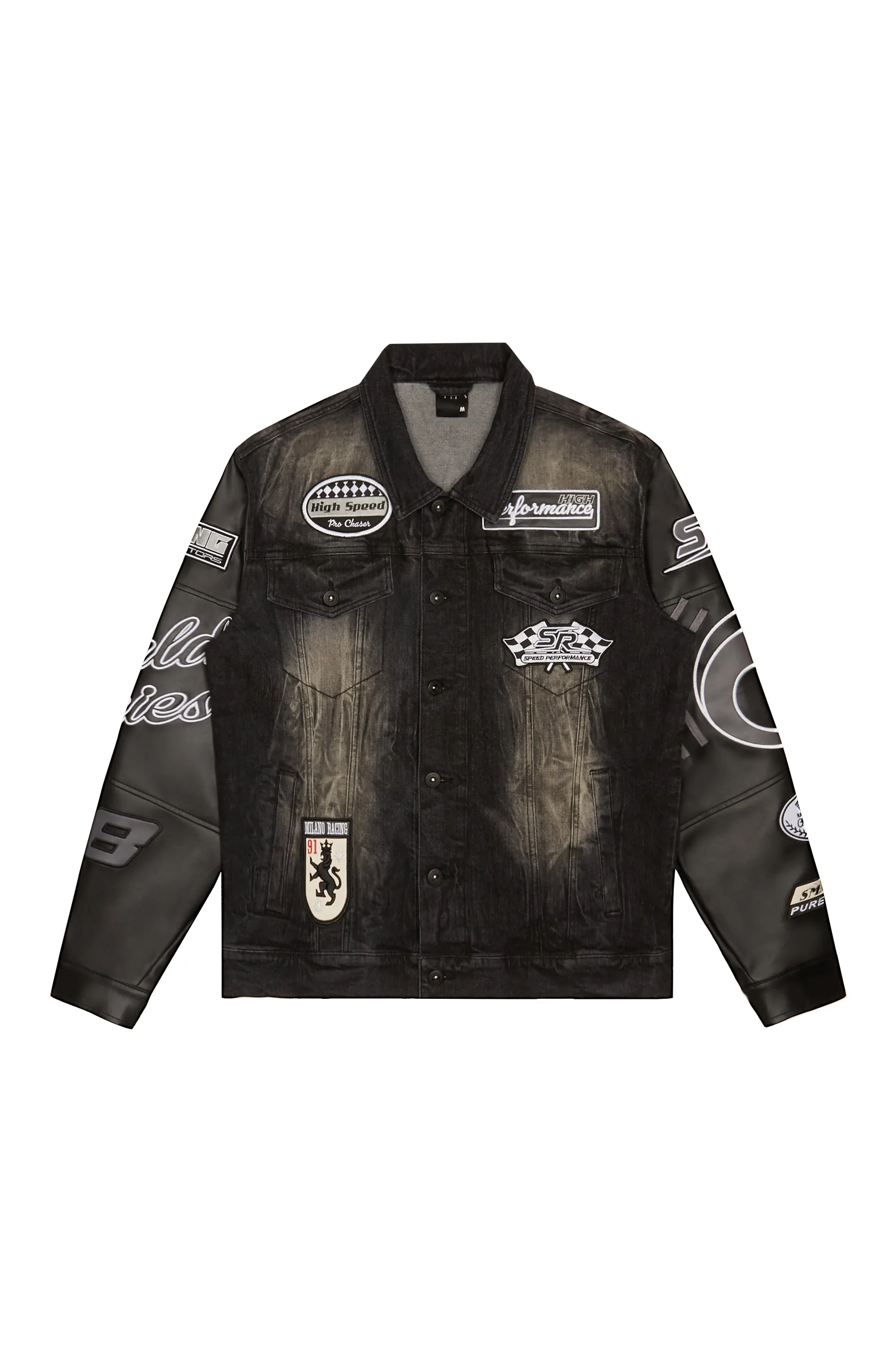 Embroidered Patched Racing Jean Jacket - Moon Black