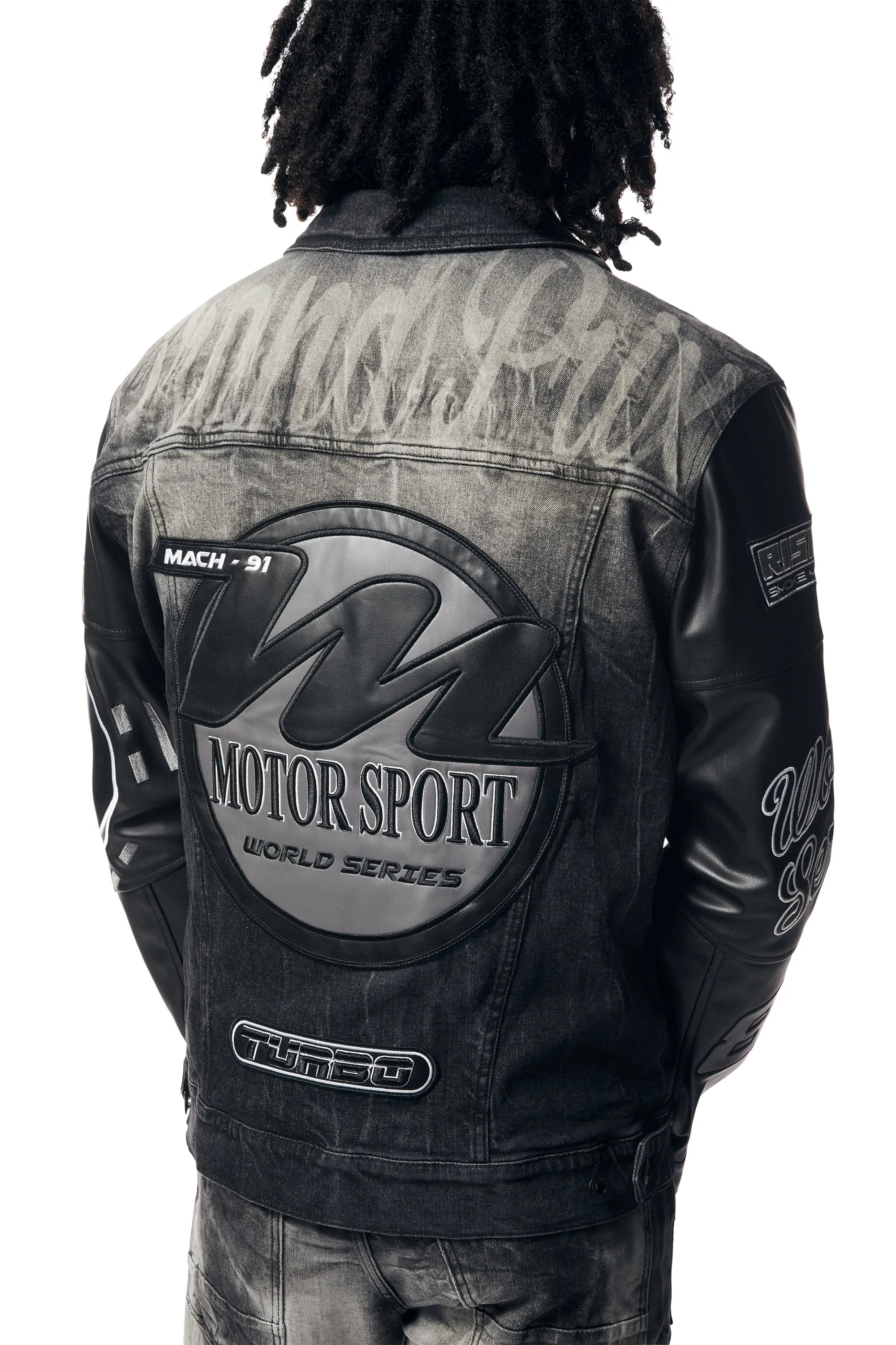 Embroidered Patched Racing Jean Jacket - Moon Black