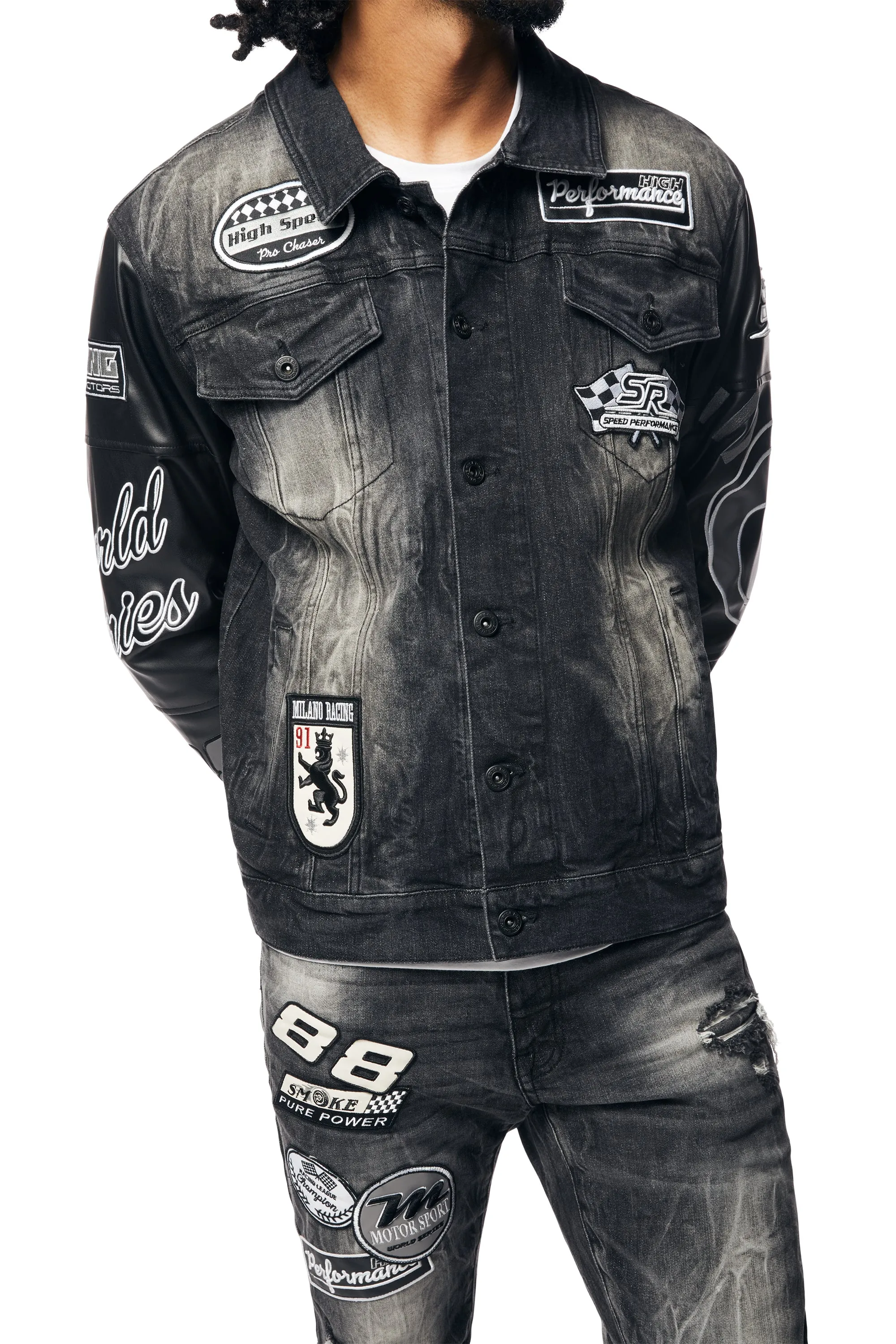 Embroidered Patched Racing Jean Jacket - Moon Black