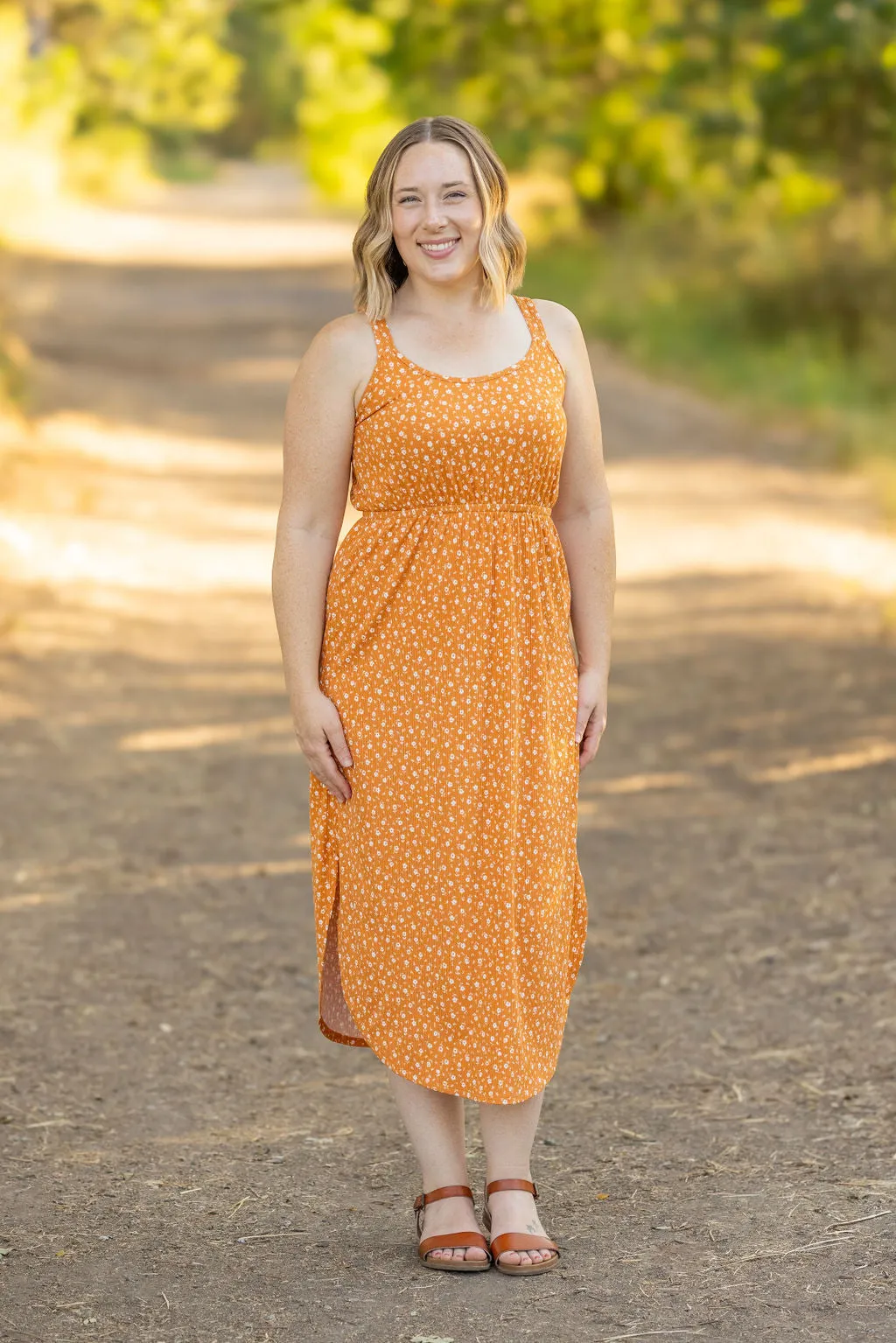 IN STOCK Reagan Ribbed Midi Dress - Pumpkin Floral