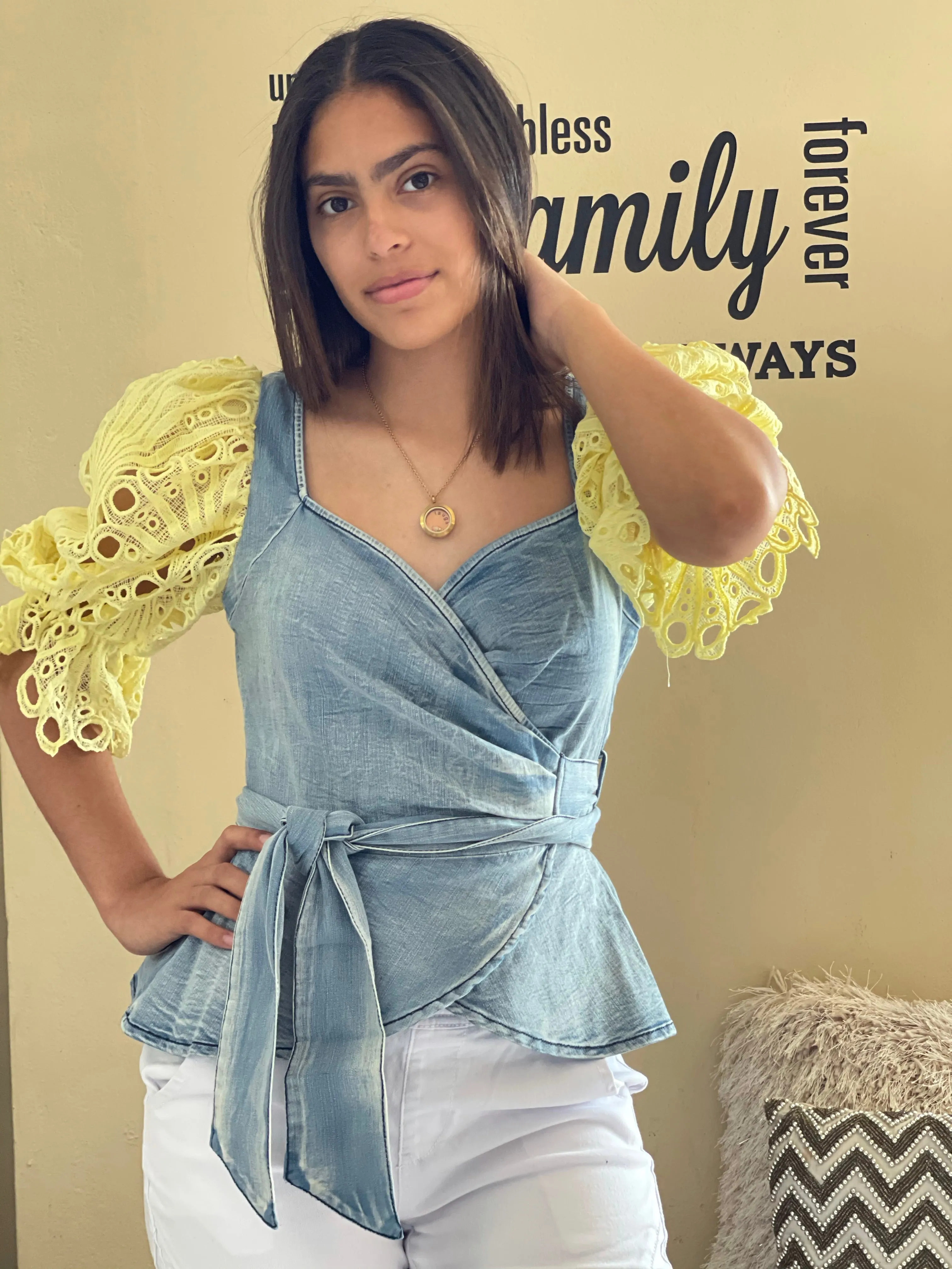 JJ1226 Puff Crochet Denim top