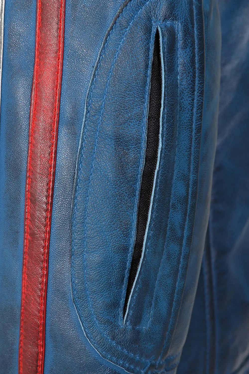 Men's Blue Real Leather Racing Style Jacket with Stripes - 'FRANK'