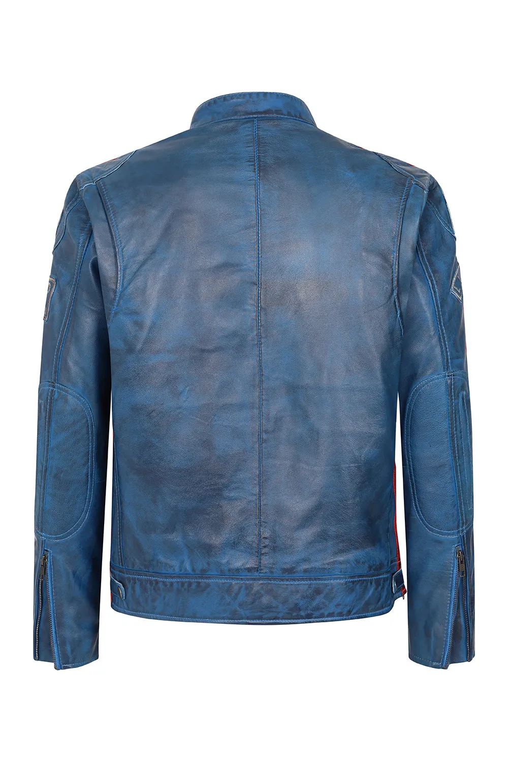 Men's Blue Real Leather Racing Style Jacket with Stripes - 'FRANK'