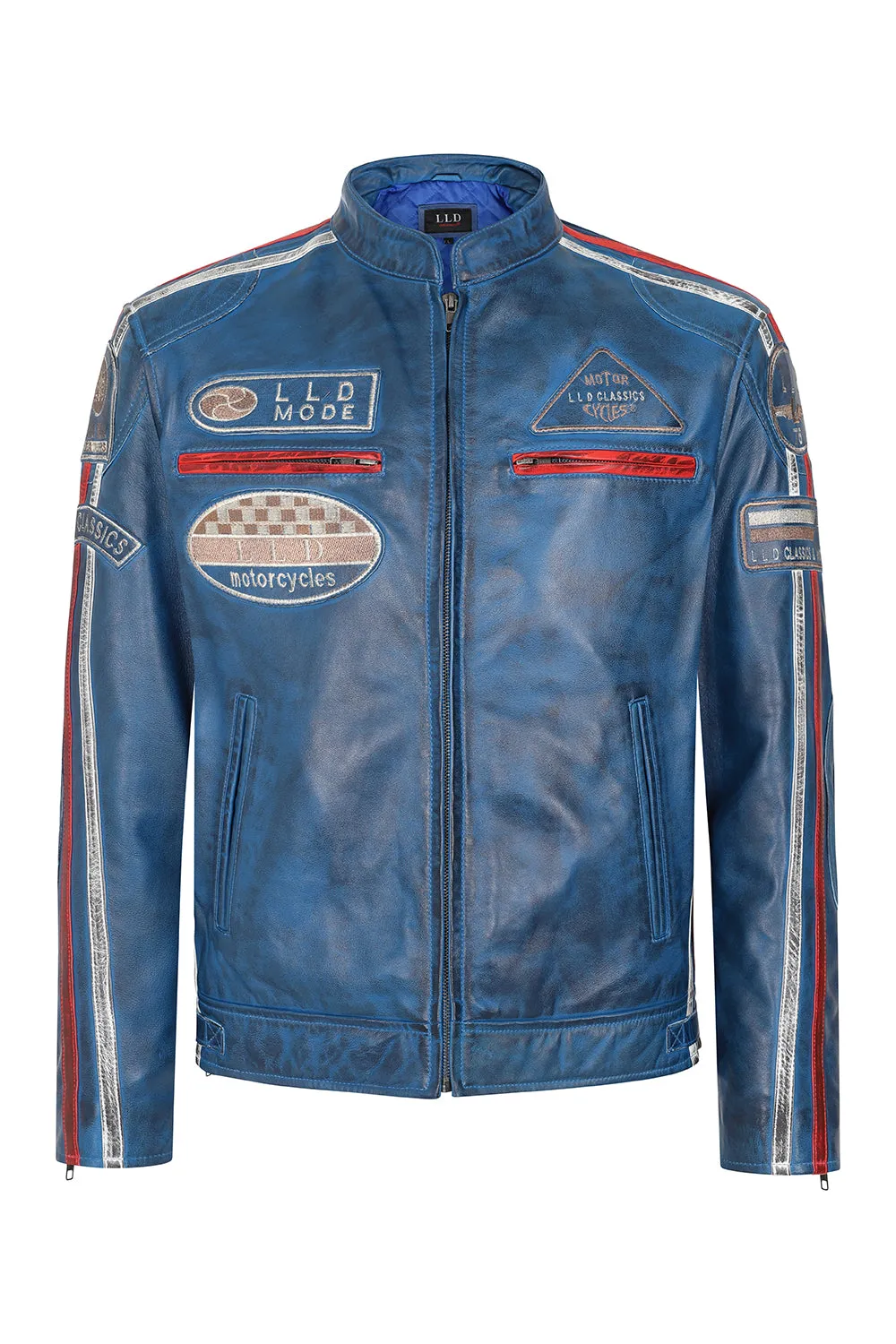 Men's Blue Real Leather Racing Style Jacket with Stripes - 'FRANK'