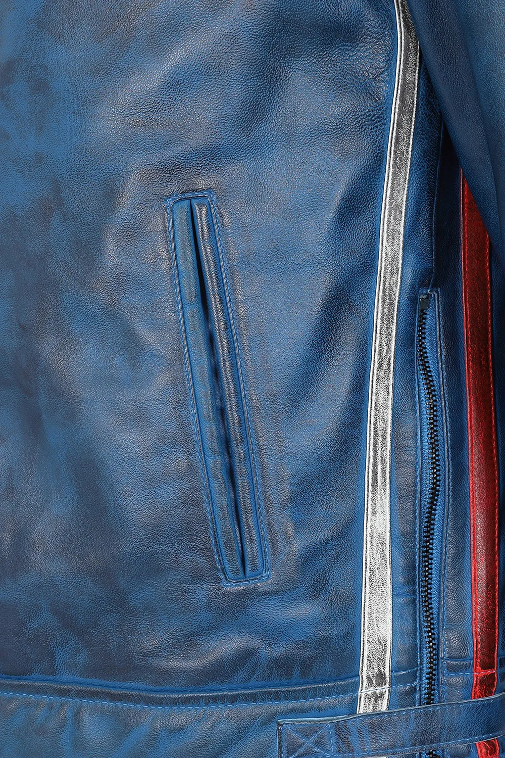 Men's Blue Real Leather Racing Style Jacket with Stripes - 'FRANK'