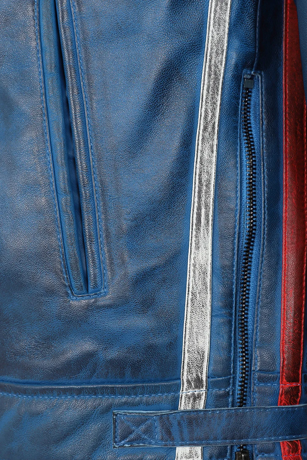 Men's Blue Real Leather Racing Style Jacket with Stripes - 'FRANK'