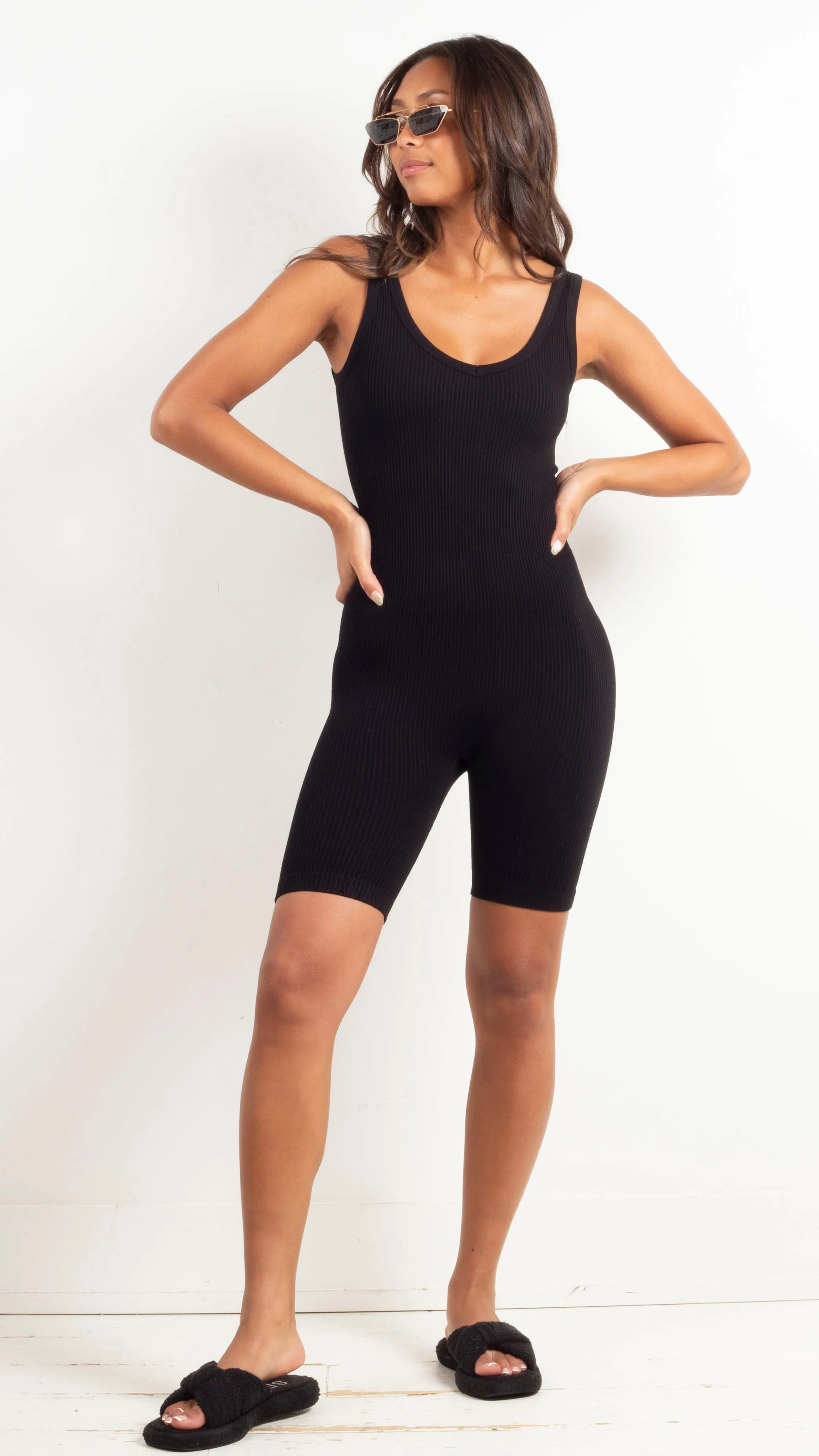 Seamless Ribbed Romper - Black