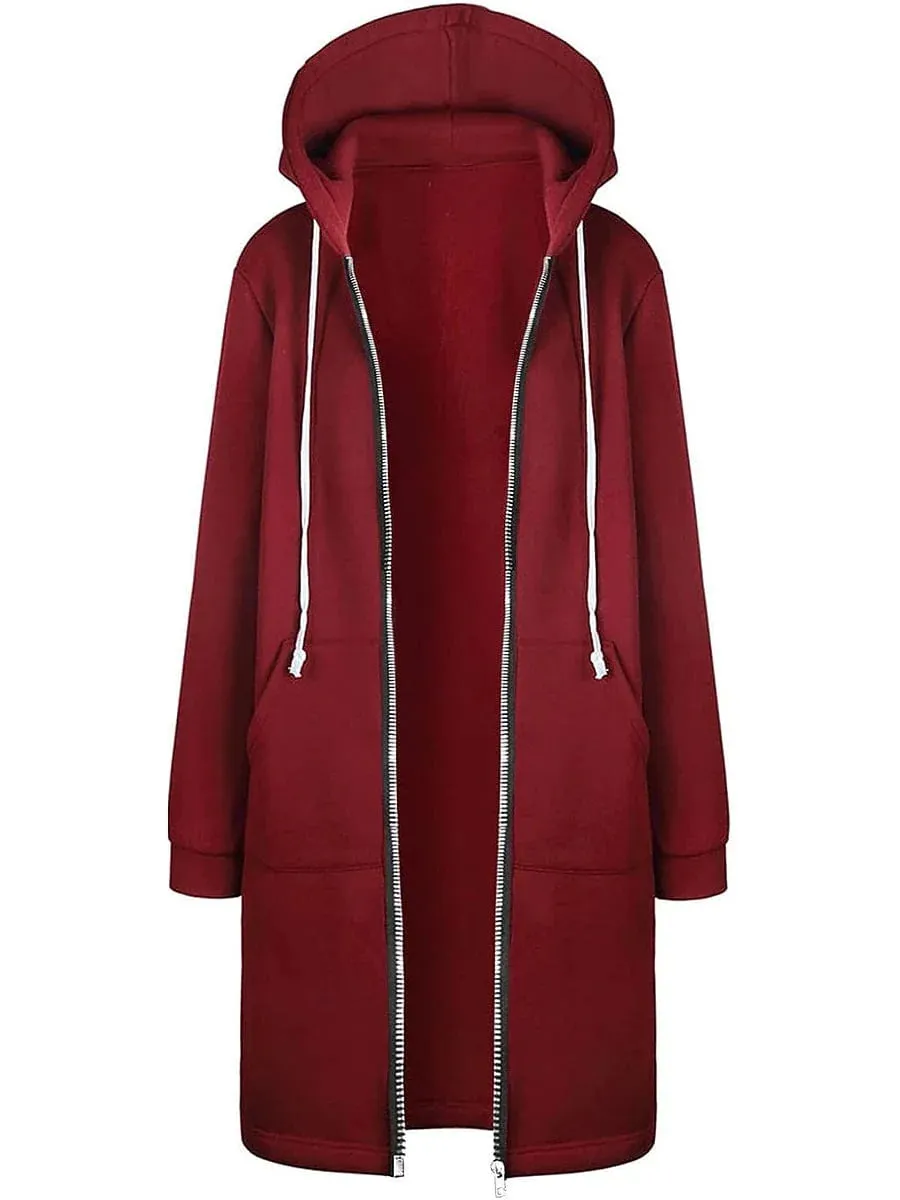 Stylish Women's Zip-Up Hooded Jacket with Drawstring - Black Pink Wine