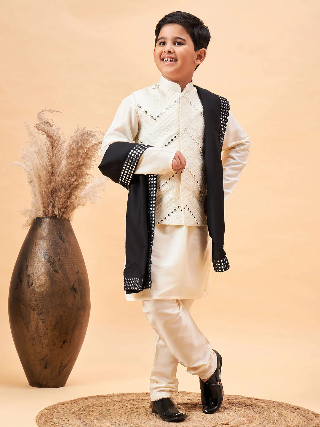 VASTRAMAY Boy's Cream Mirror Work Jacket And Solid Kurta Pyjama Set With Black Ethnic Dupatta