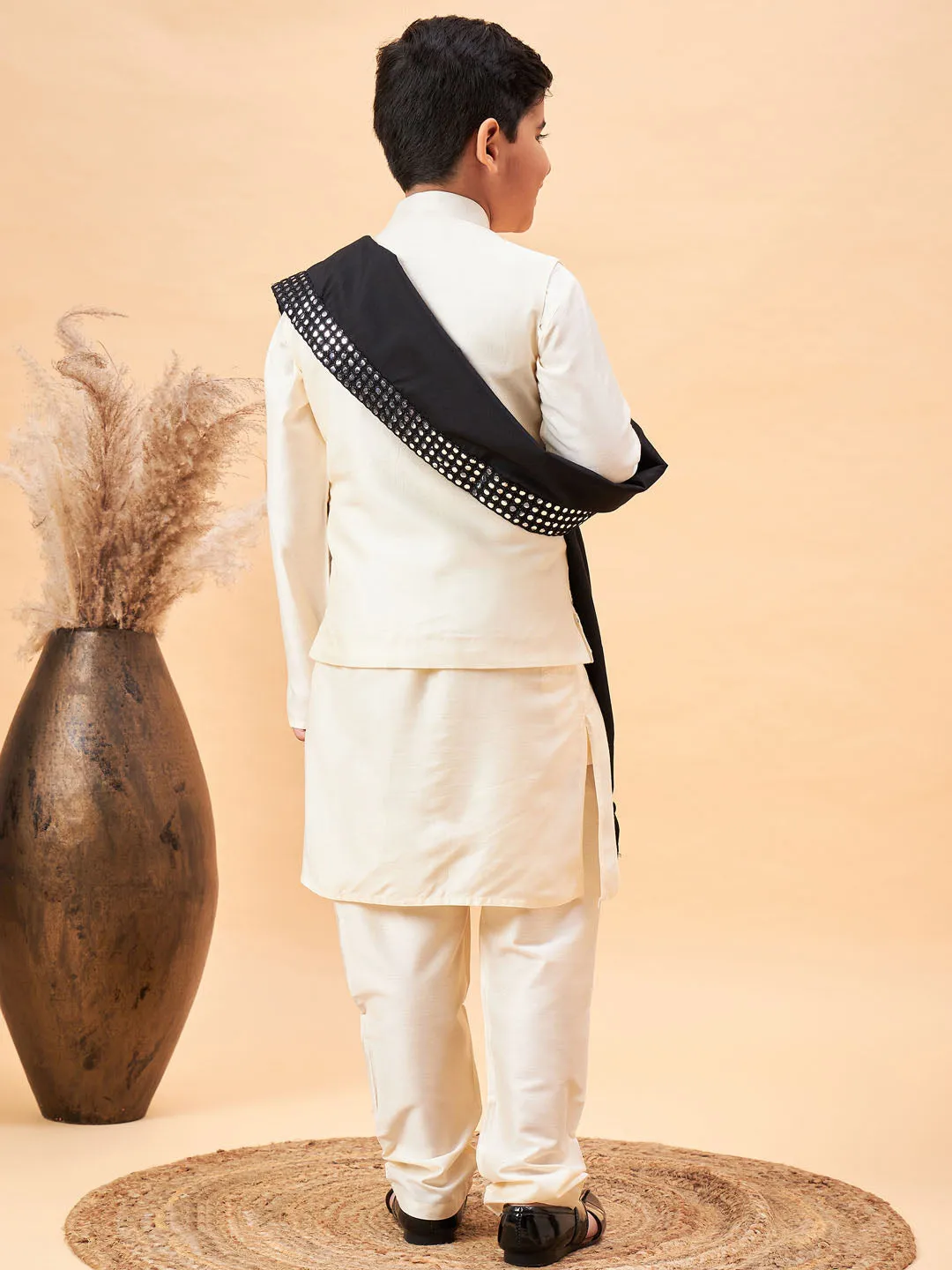 VASTRAMAY Boy's Cream Mirror Work Jacket And Solid Kurta Pyjama Set With Black Ethnic Dupatta