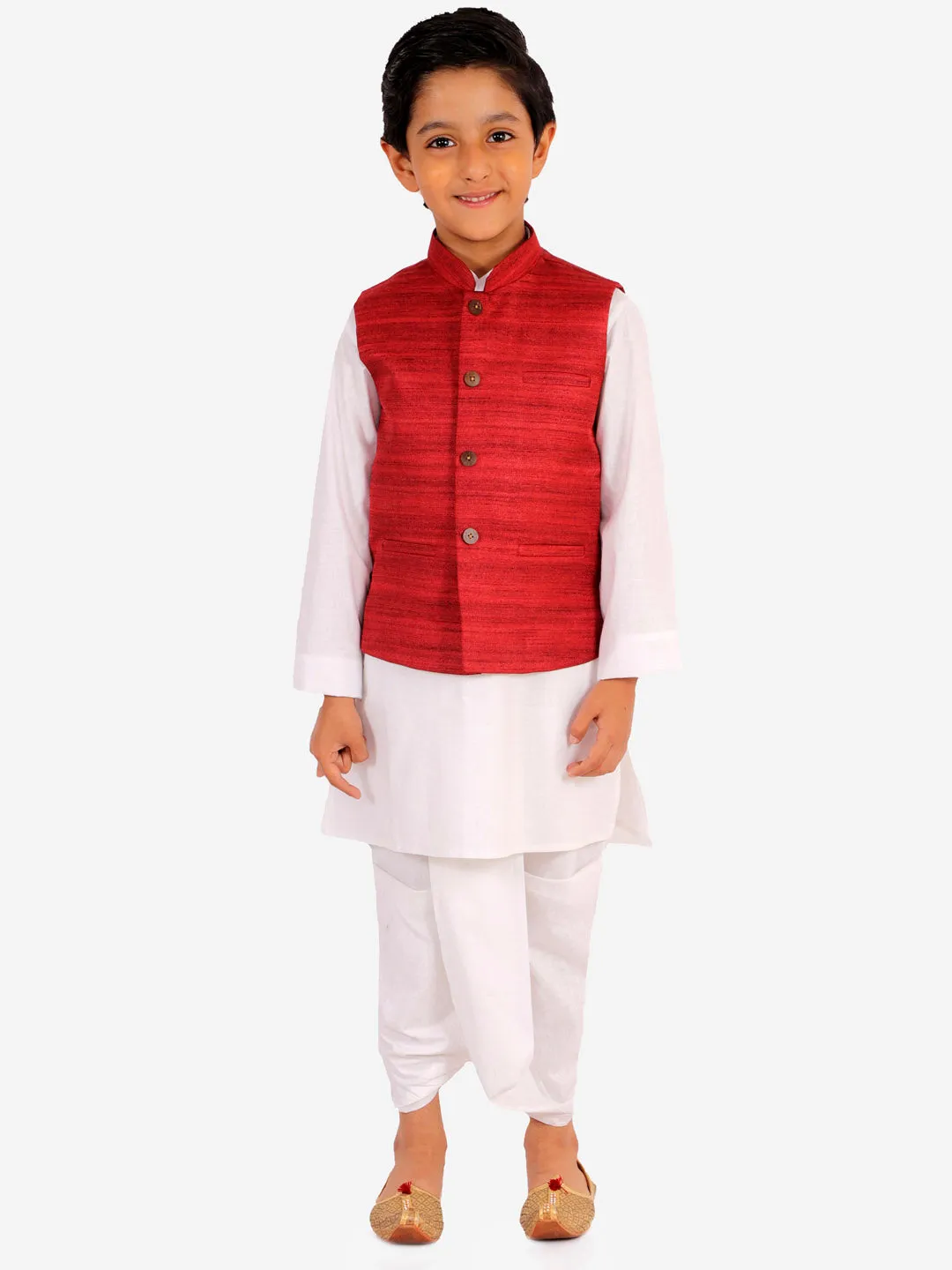 Vastramay Boy's Maroon And White Matka Silk Jacket, Kurta and Dhoti Set