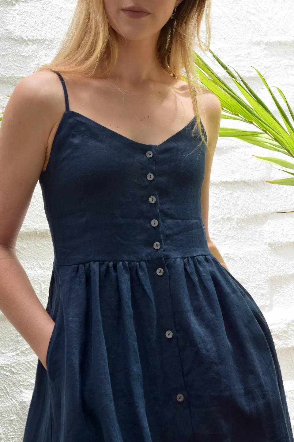 Visionary Navy Strappy Button Front Linen Midi Dress